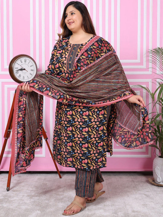 Swasti Plus Size Floral Printed Pure Cotton Straight Kurta with Palazzos & With Dupatta