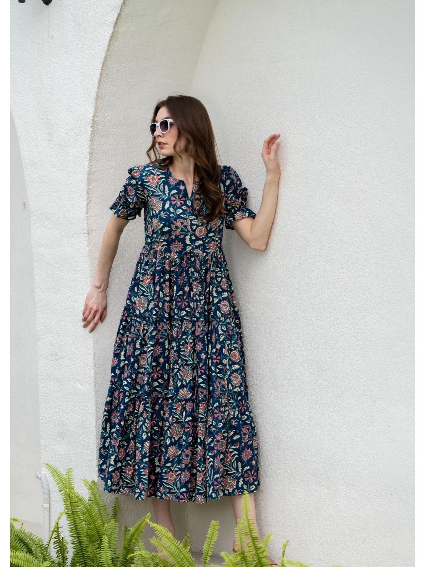 Blue Women Cotton Printed Round Nack Half Sleeves Midi Length Flared Dress
