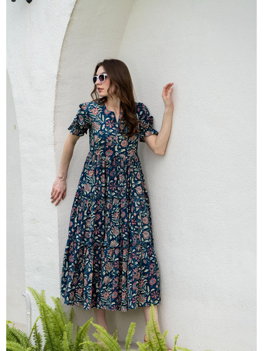 Blue Women Cotton Printed Round Nack Half Sleeves Midi Length Flared Dress