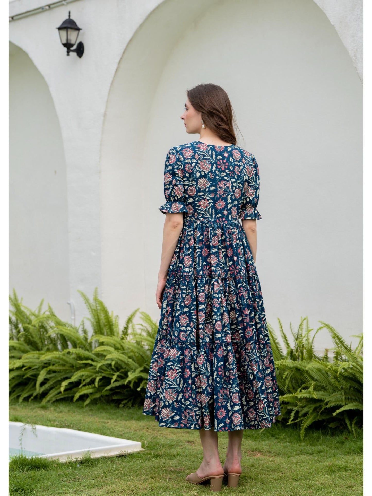 Blue Women Cotton Printed Round Nack Half Sleeves Midi Length Flared Dress