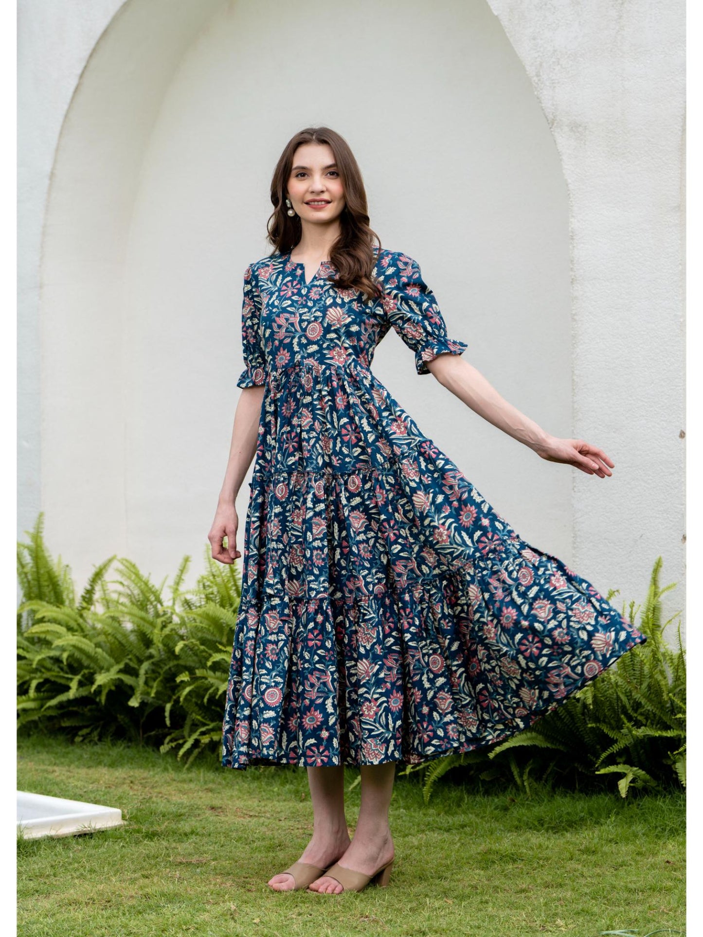 Blue Women Cotton Printed Round Nack Half Sleeves Midi Length Flared Dress