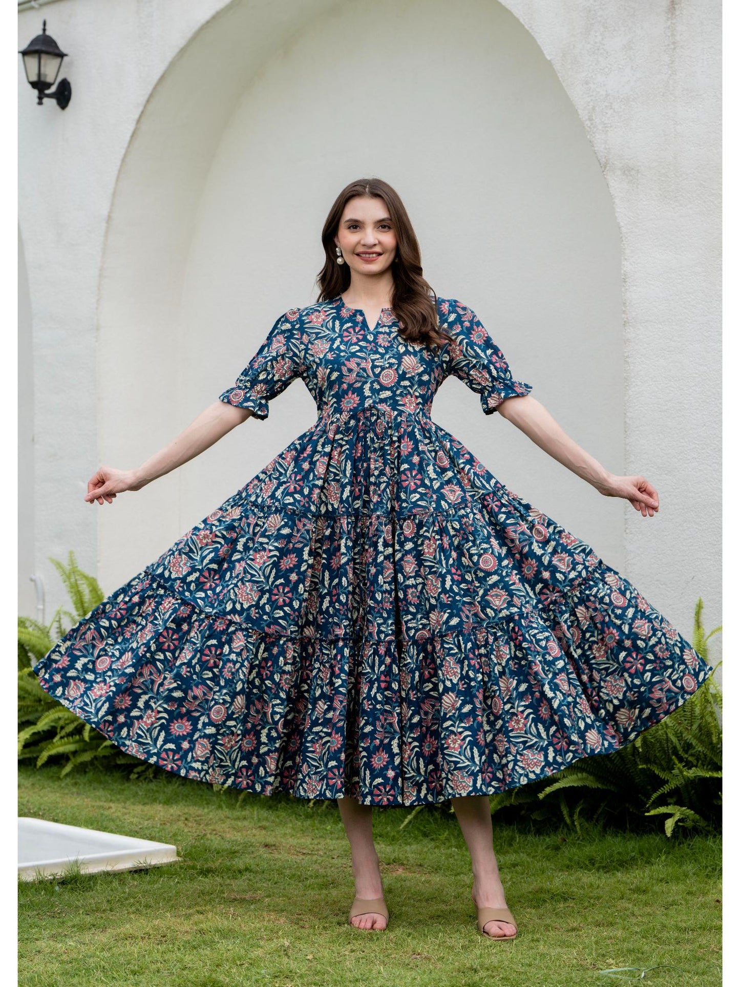 Blue Women Cotton Printed Round Nack Half Sleeves Midi Length Flared Dress