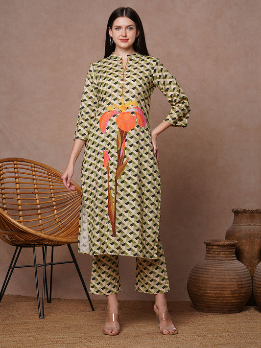 Abstract Geometric And Floral Printed Straight Fit Co-Ord - Green (Set of 2)