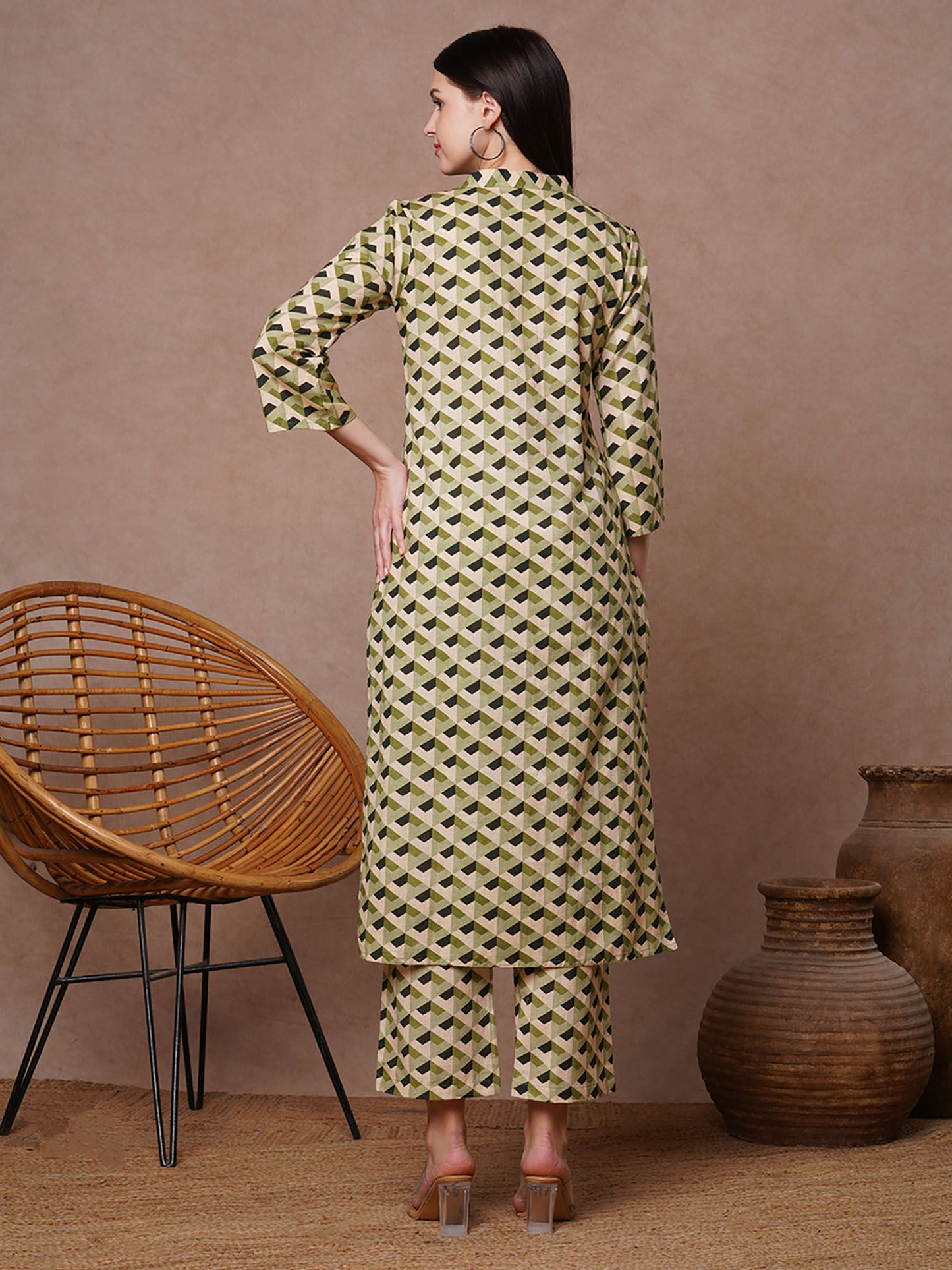 Abstract Geometric And Floral Printed Straight Fit Co-Ord - Green (Set of 2)
