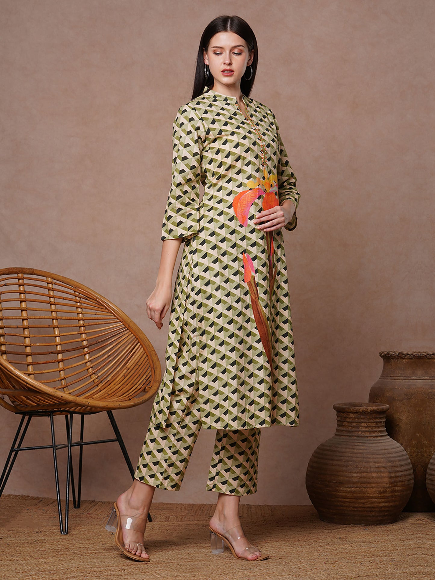 Abstract Geometric And Floral Printed Straight Fit Co-Ord - Green (Set of 2)