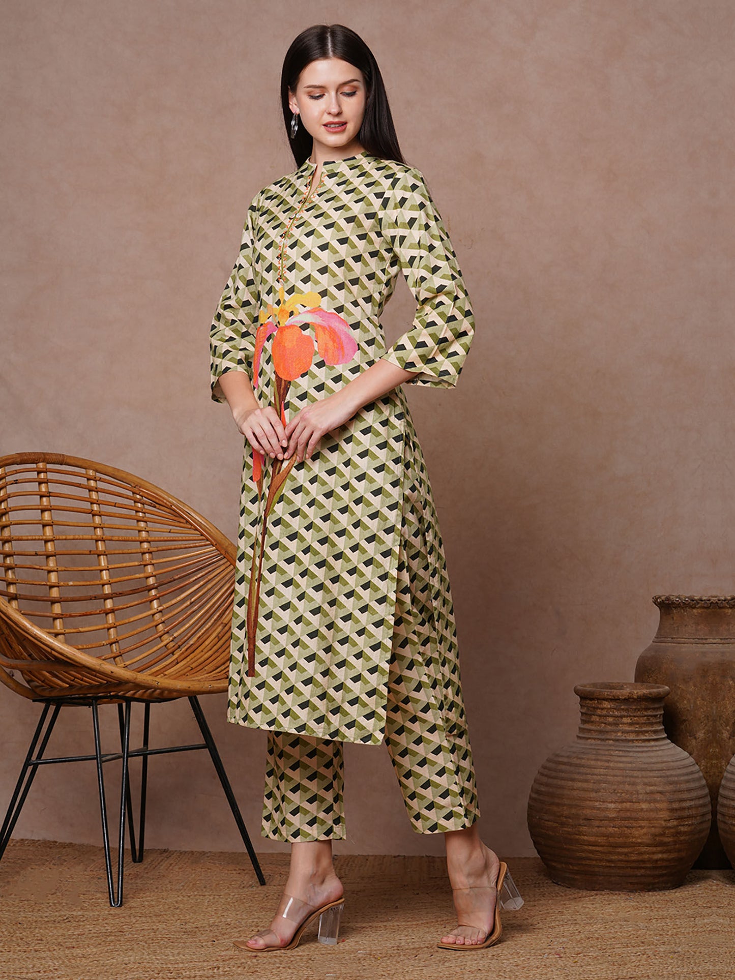 Abstract Geometric And Floral Printed Straight Fit Co-Ord - Green (Set of 2)