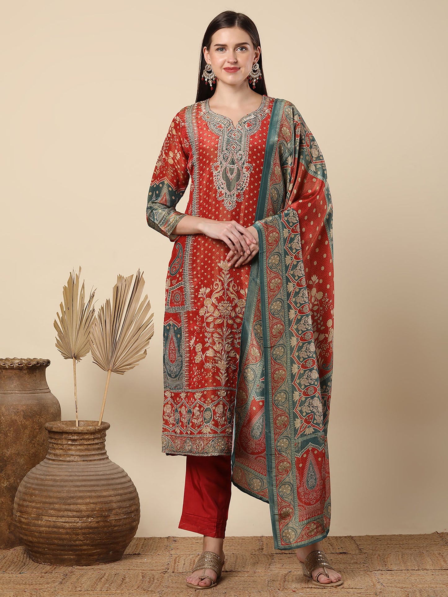 Printed And Fit Kurta With Pant And Tissue Dupatta - Rust (Set of 3)