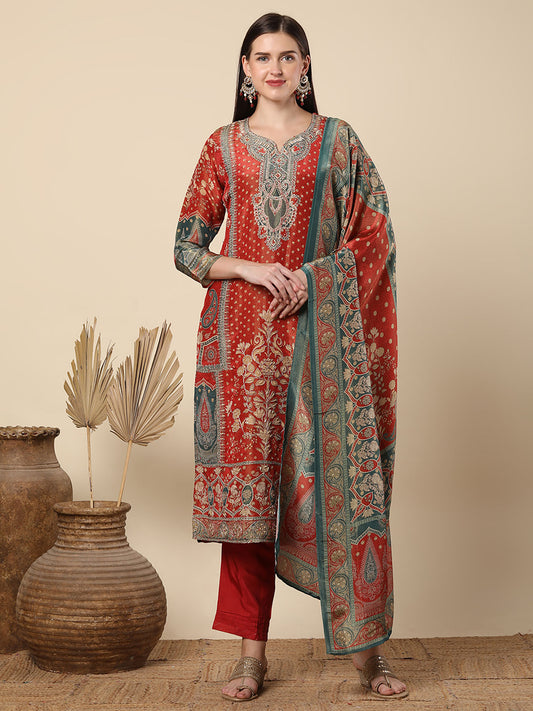 Printed And Fit Kurta With Pant And Tissue Dupatta - Rust (Set of 3)