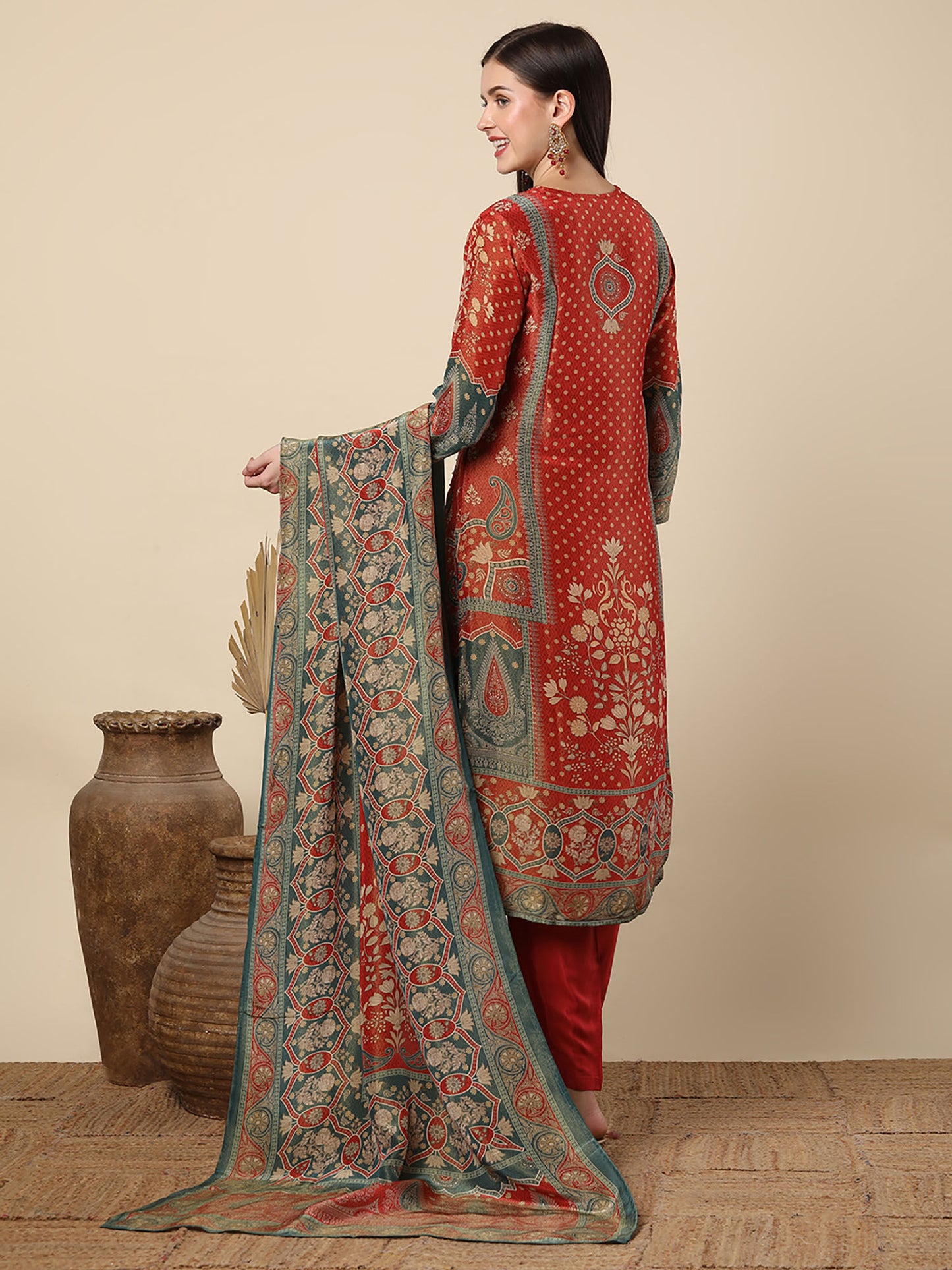 Printed And Fit Kurta With Pant And Tissue Dupatta - Rust (Set of 3)