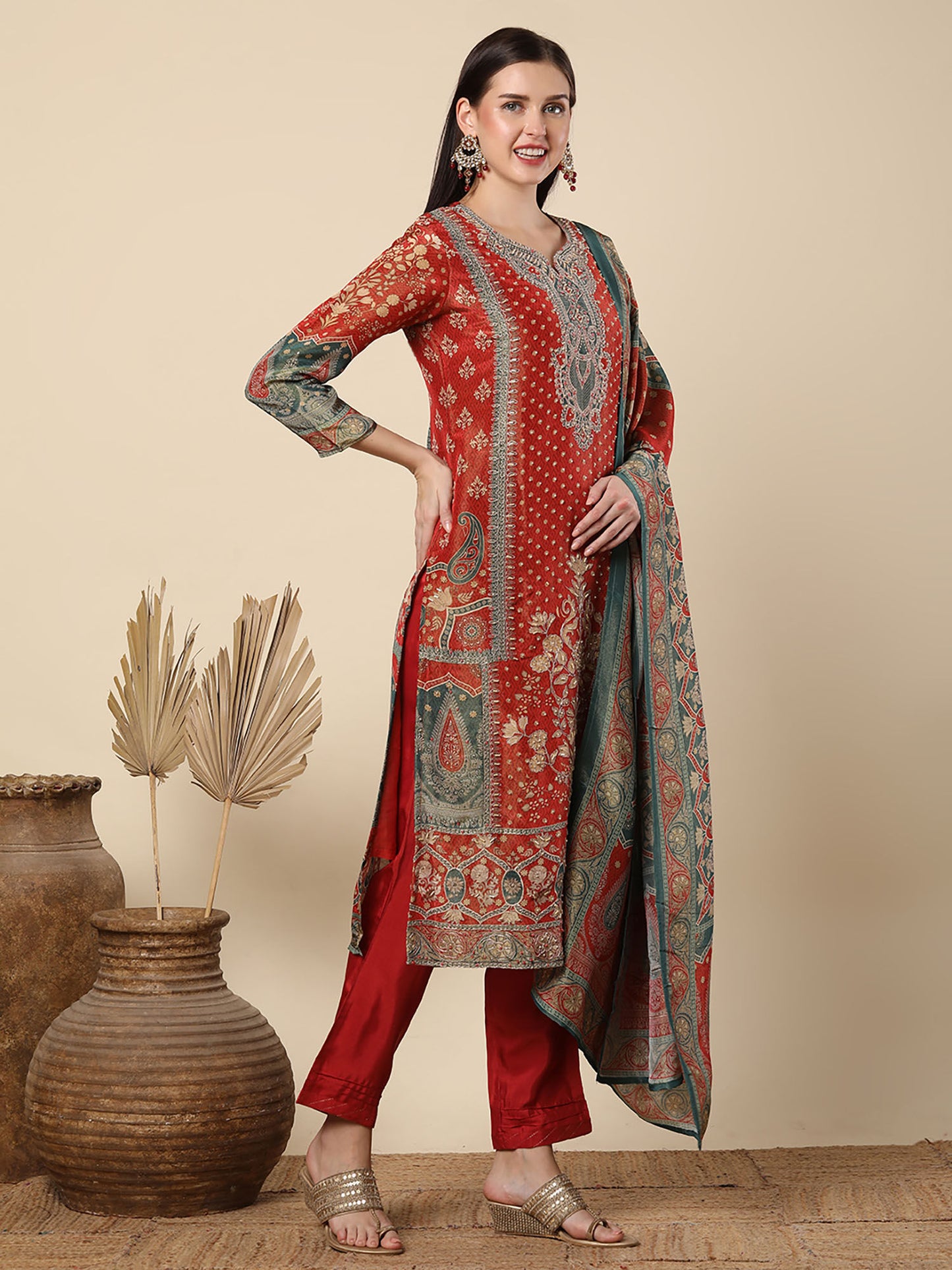 Printed And Fit Kurta With Pant And Tissue Dupatta - Rust (Set of 3)