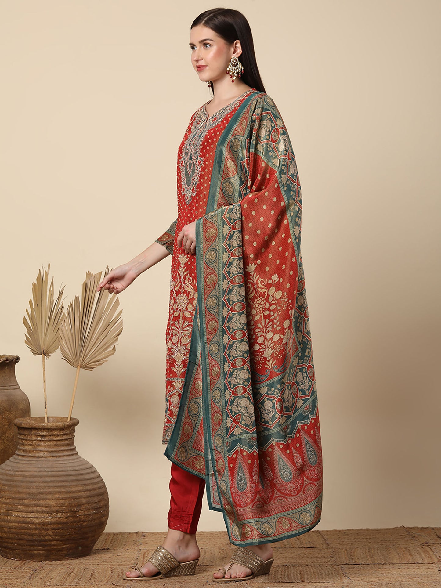 Printed And Fit Kurta With Pant And Tissue Dupatta - Rust (Set of 3)