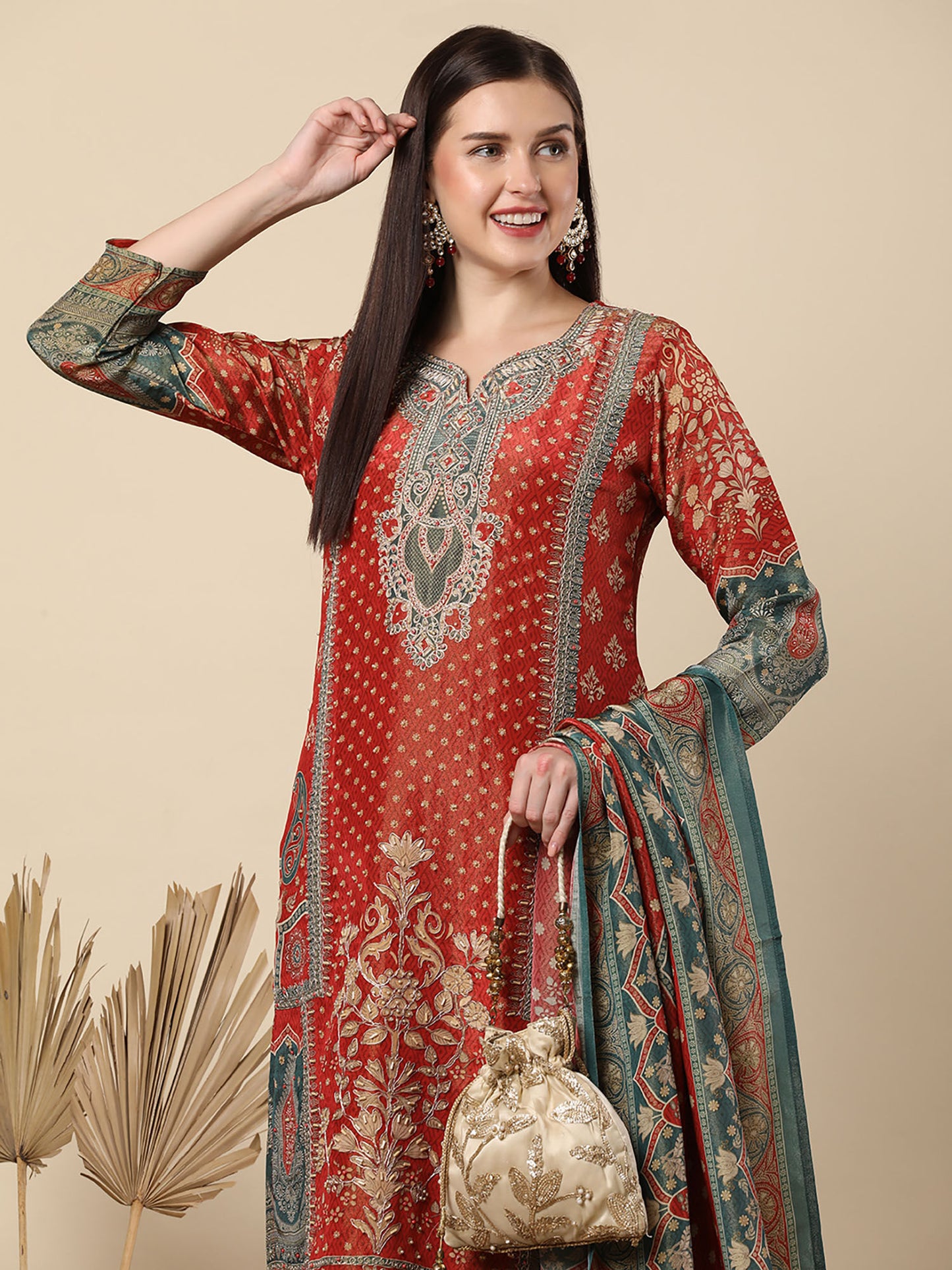 Printed And Fit Kurta With Pant And Tissue Dupatta - Rust (Set of 3)