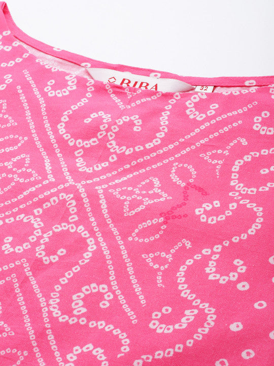 Biba Women Pink & White Bandhani Print Pure Cotton Kurta with Palazzos & Dupatta