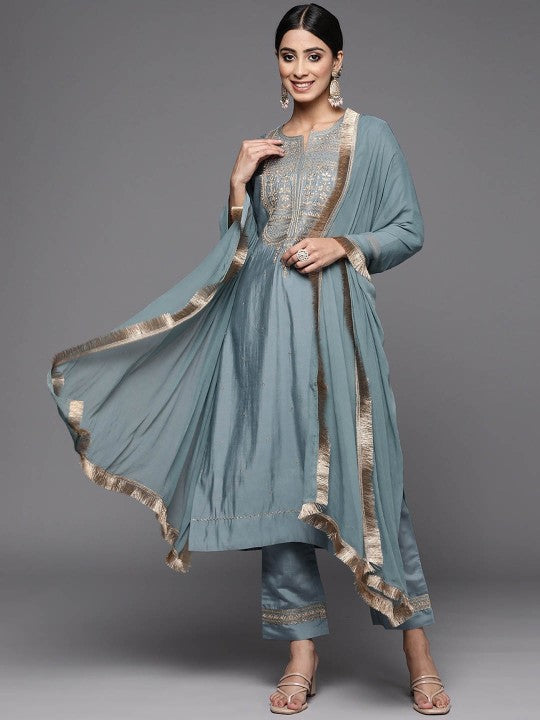 Neck Floral Embroidered Kurta with Trouser & Dupatta