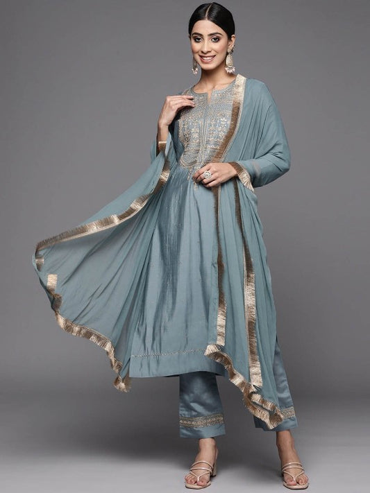 Neck Floral Embroidered Kurta with Trouser & Dupatta