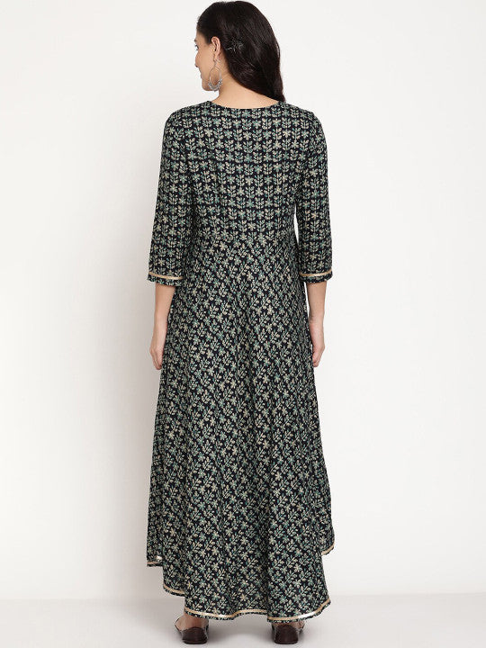 Be Indi Rayon Floral Printed Round Neck Gotta Patti Detailing Maxi Dress