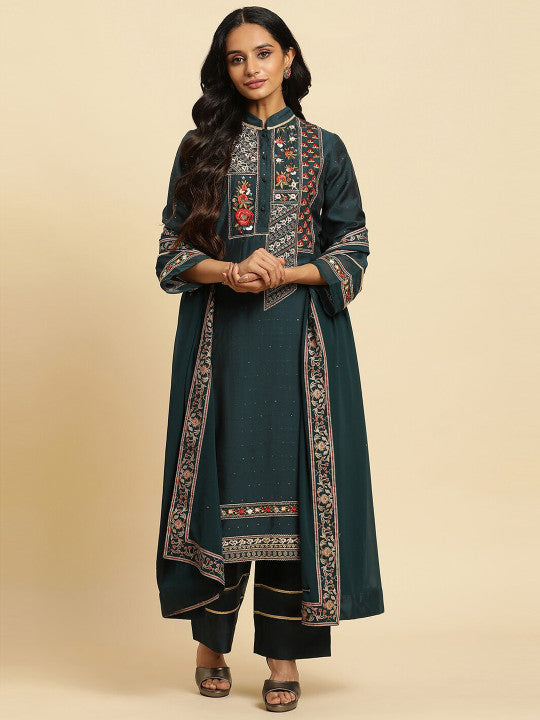WISHFUL Floral Embroidered Mandarin Collar Kurta with Trousers & Dupatta