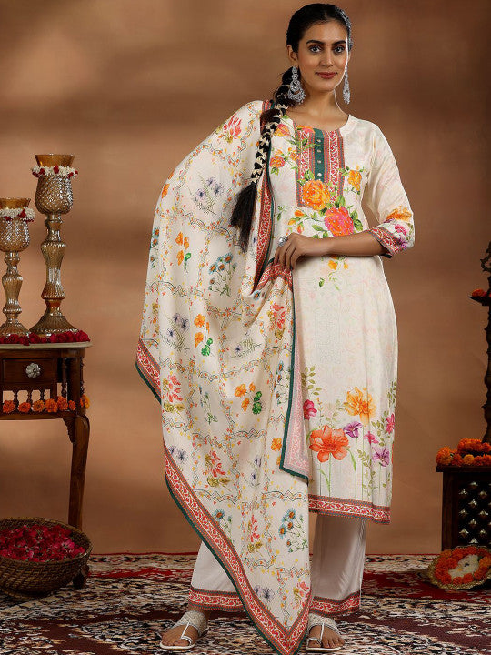 Floral Printed Regular Beads and Stones Kurta with Trousers & Dupatta