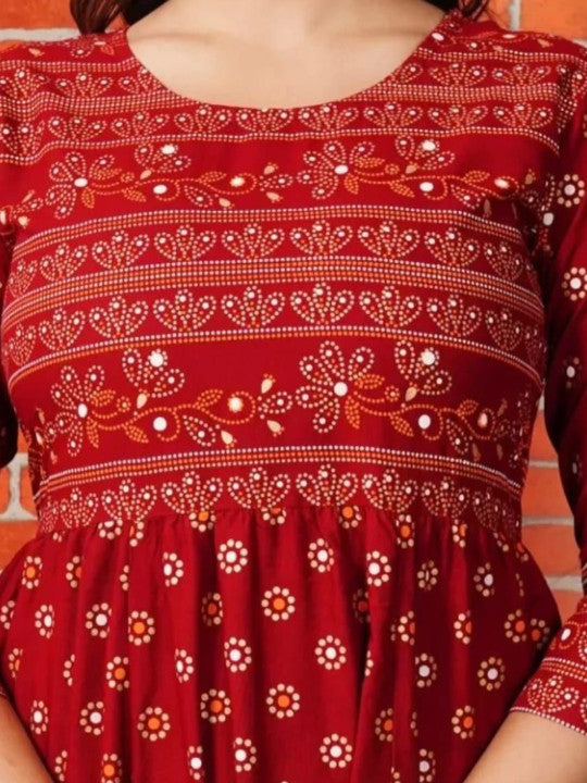 Vorcia Febtex Women Block Printed Round Neck Anarkali Dress