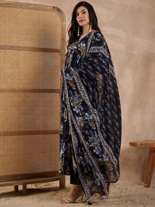 CHETI Women Floral Printed Pleated Beads and Stones Kurta with Trousers & Dupatta