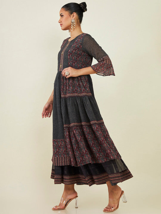 Neck Ethnic Motifs Printed Georgette Fit And Flare Ethnic Dress