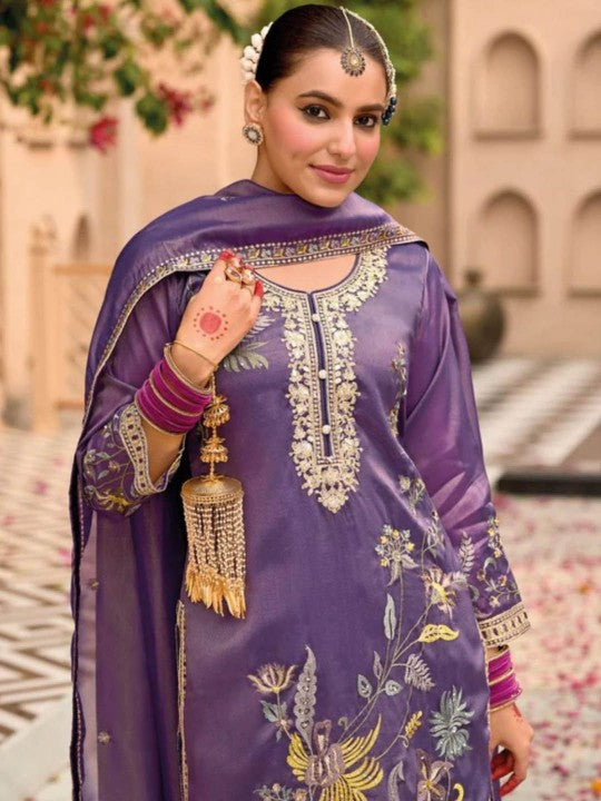 Bel a Vous Floral Printed Thread Work Organza Straight Kurta