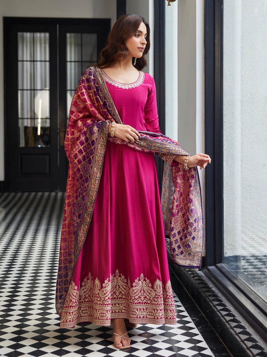 Wine Embroidered Anarkali Dress with Banarasi Dupatta