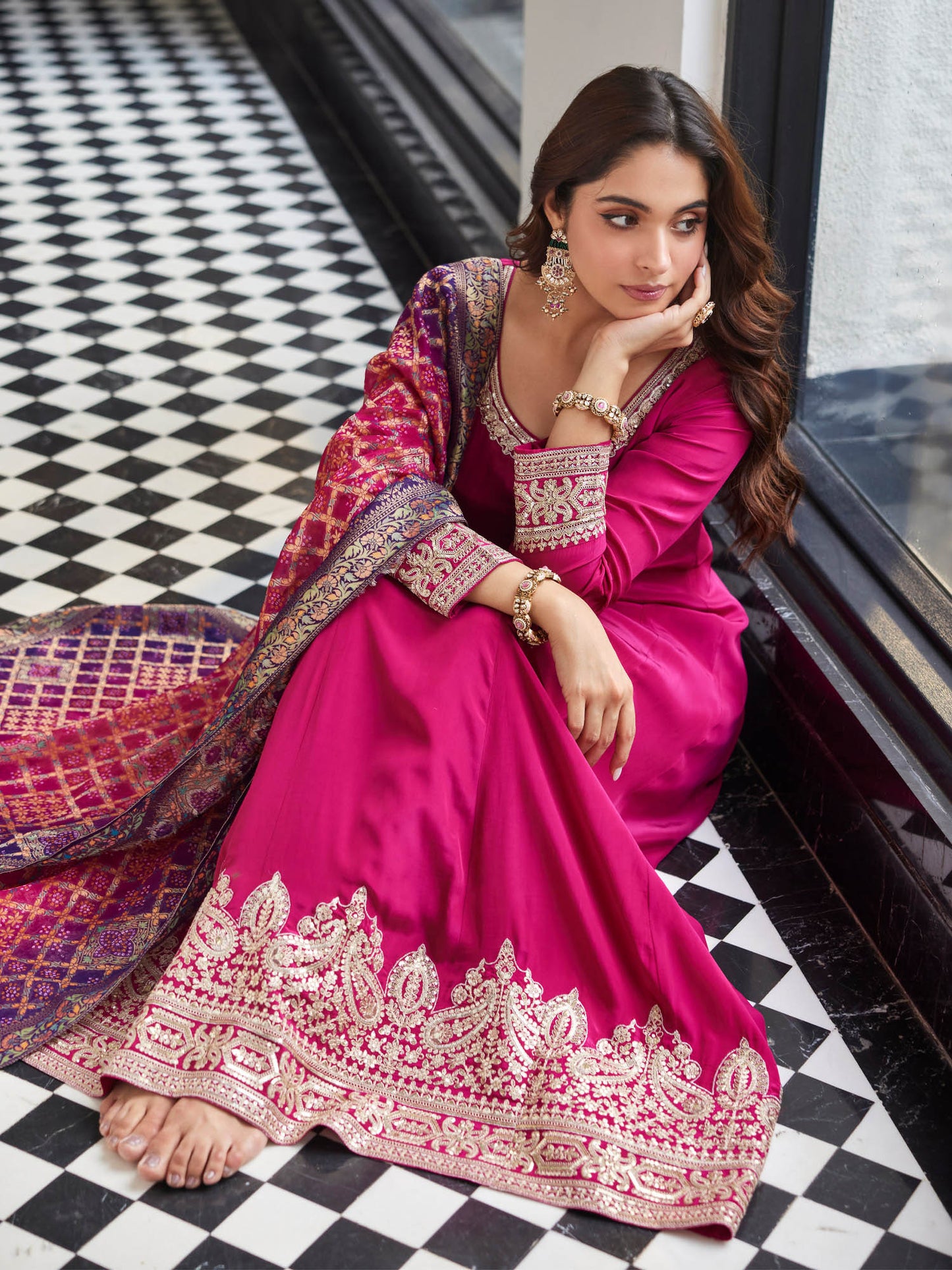 Wine Embroidered Anarkali Dress with Banarasi Dupatta