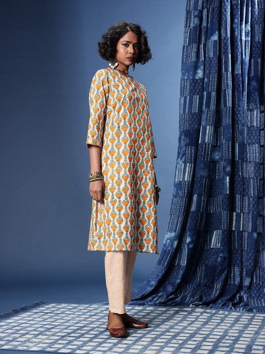 Taavi Bagru Floral Printed Pure Cotton Kurta with Trousers & Dupatta
