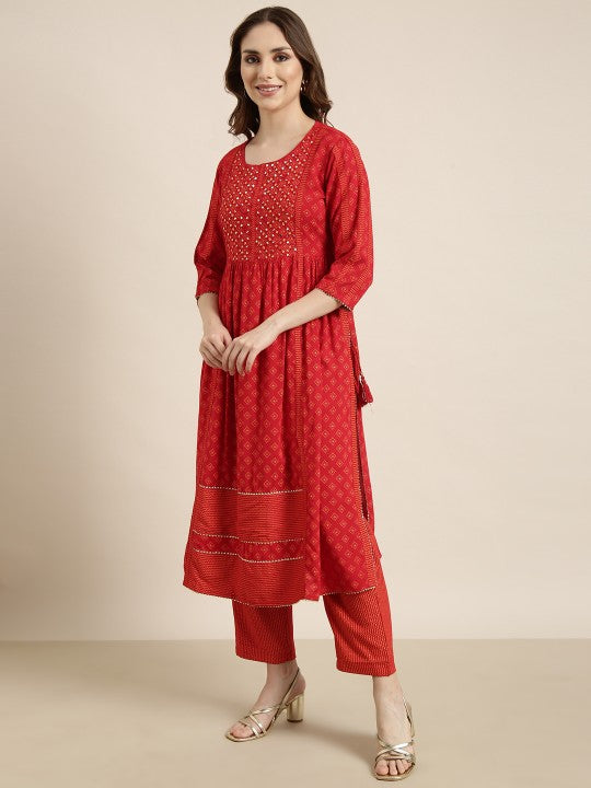 Printed Empire Mirror Work Kurta