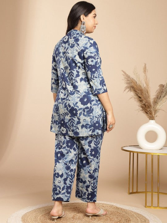 Floral Printed V-Neck Shirt With Trousers