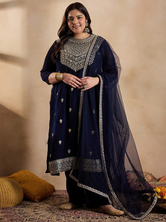 INDDUS PLUS Floral Embroidered Zari Georgette Kurta
