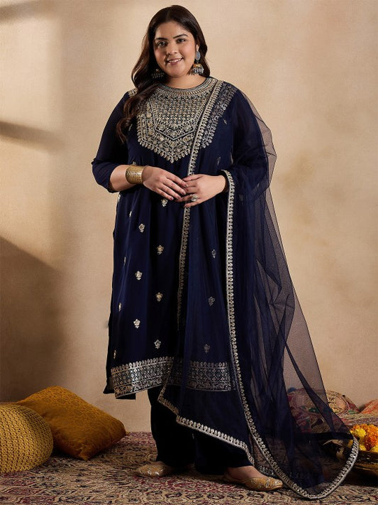 INDDUS PLUS Floral Embroidered Zari Georgette Kurta
