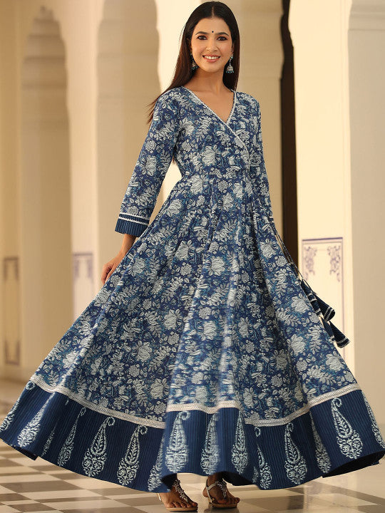 GILLORI Floral Printed V-Neck Pure Cotton Fit & Flare Maxi Ethnic Dresses
