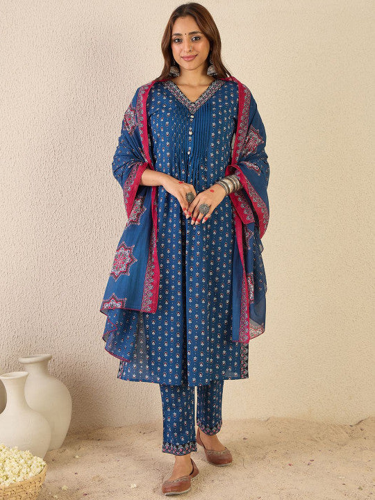 Indo Era Women Ethnic Motifs Printed Thread Work Kurta with Trousers & With Dupatta