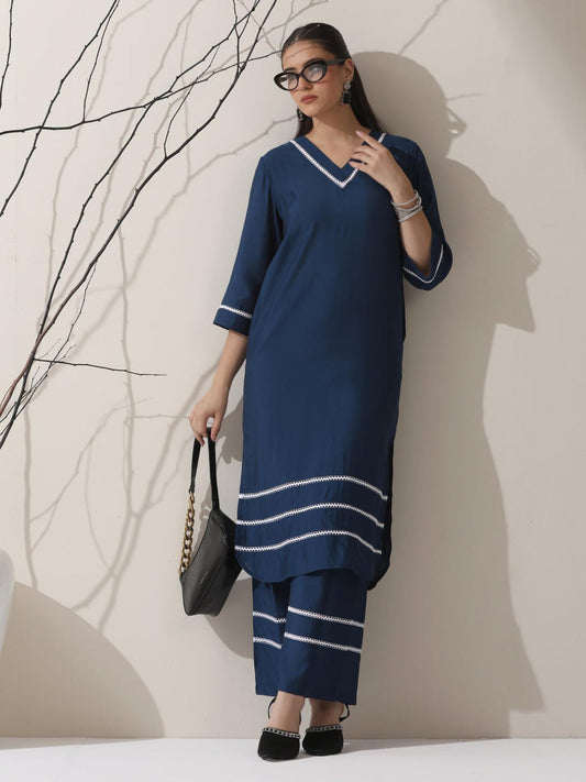 Women Navy Blue Cotton Blend Solid Kurta with Pant