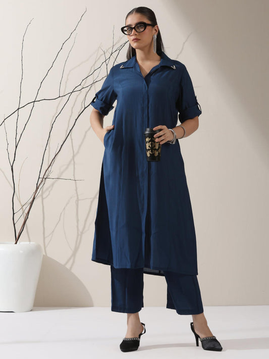 Women Navy Blue Cotton Blend Solid Kurta with Pant