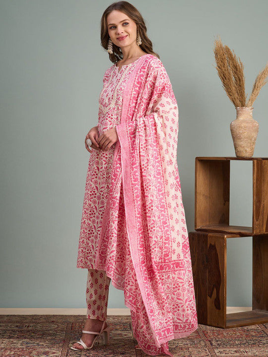 FASHOR Women Floral Printed Regular Thread Work Pure Cotton Kurta with Trousers & With Dupatta