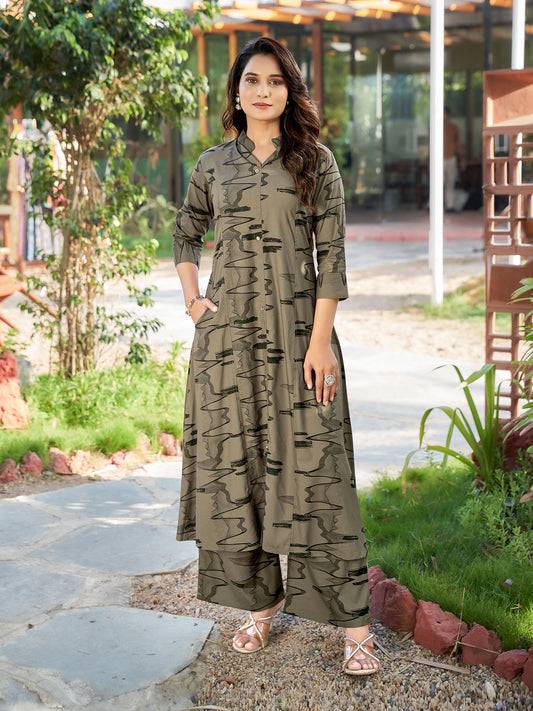 Women Khaki Rayon Abstract Print Co-Ord (Set of 2)