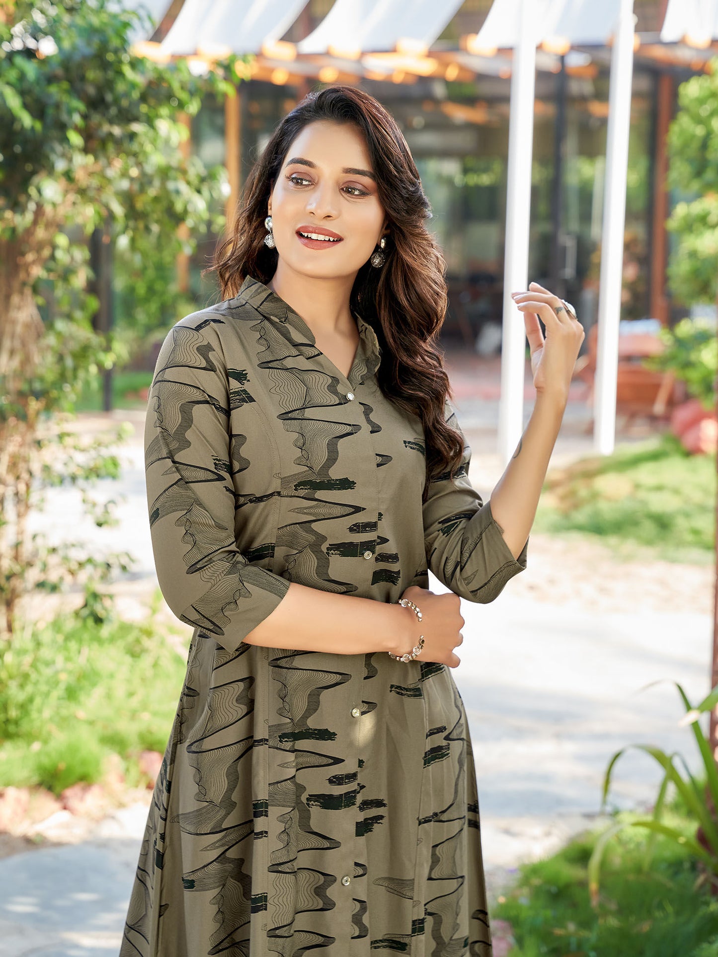 Women Khaki Rayon Abstract Print Co-Ord (Set of 2)