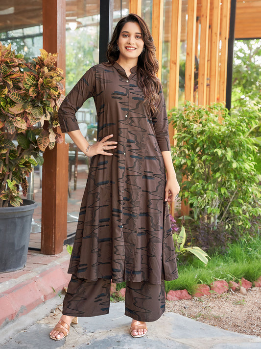 Women Brown Rayon Abstract Print Co-Ord (Set of 2)
