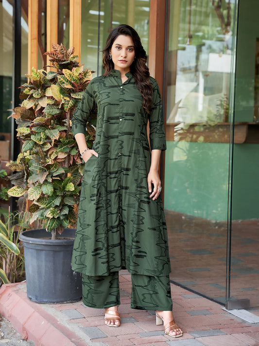 Women Dark Green Rayon Abstract Print Co-Ord (Set of 2)