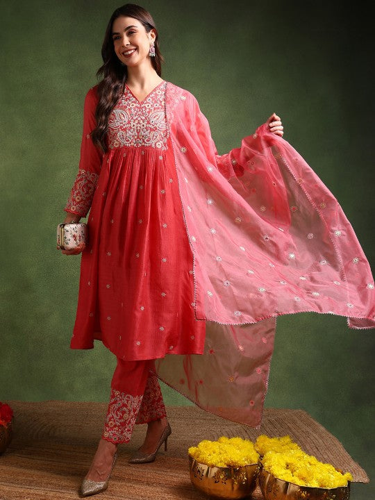 AHIKA Pink Paisley Embroidered Empire Thread Work Kurta