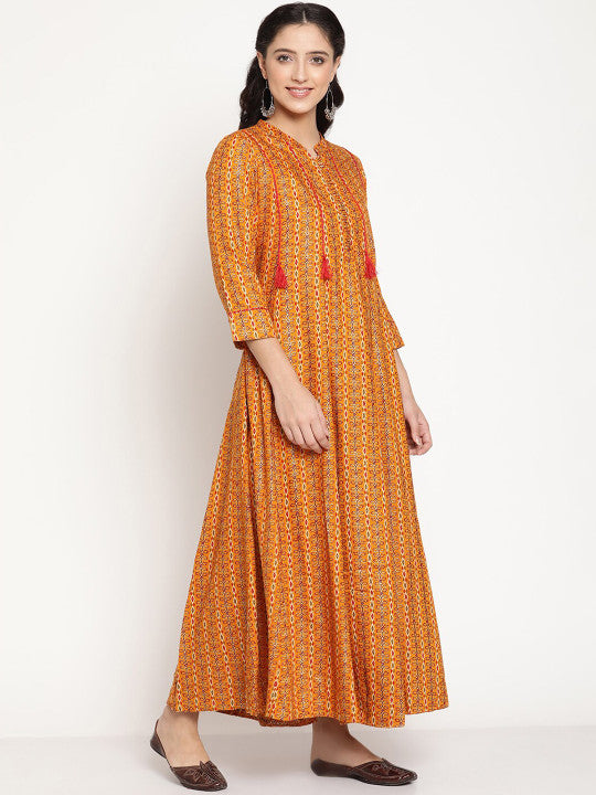 Be Indi Rayon Embroidered and Ethnic Motifs Printed Mandarin Collar Maxi Dress