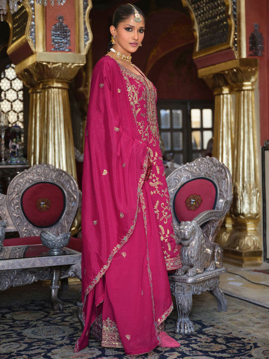 Indo Era Adults-Women Woven Design Embroidered Kurta with Palazzos & Dupatta