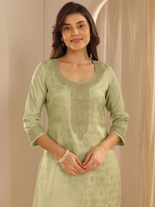 Floral Woven Design Zari Straight Kurta With Trousers And Dupatta