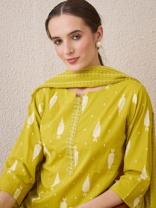 Indo Era Floral Printed Notch Neck Sequinned Pure Cotton Kurta & Trousers & Dupatta