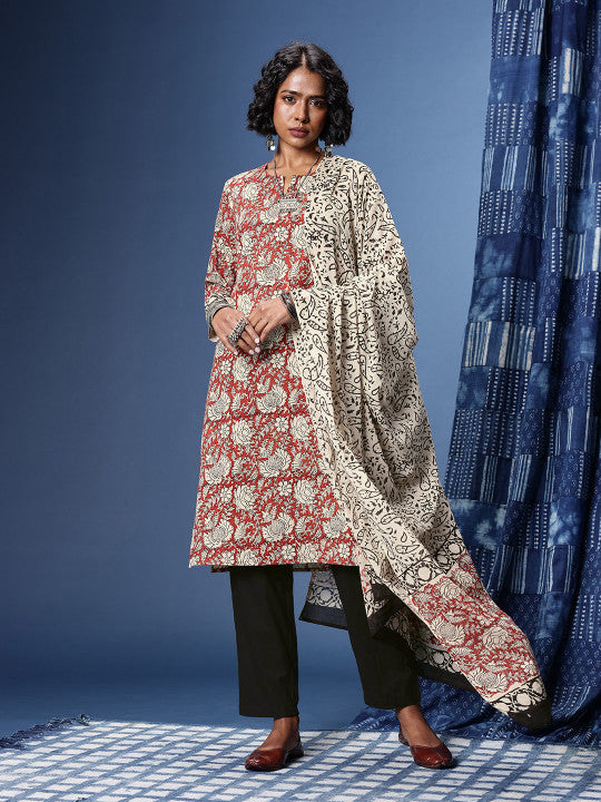 Taavi Indie-Floral Printed Straight Pure Cotton Bagru Kurta with Trousers & With Dupatta