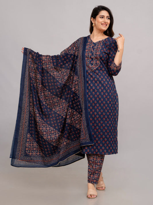 FrionKandy Floral Printed Regular Pure Cotton Kurta with Trousers & With Dupatta