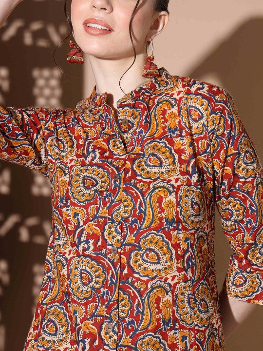 Vbuyz Kalamkari Floral Kalamkari Printed Mandarin Collar Pure Cotton Top & Palazzos